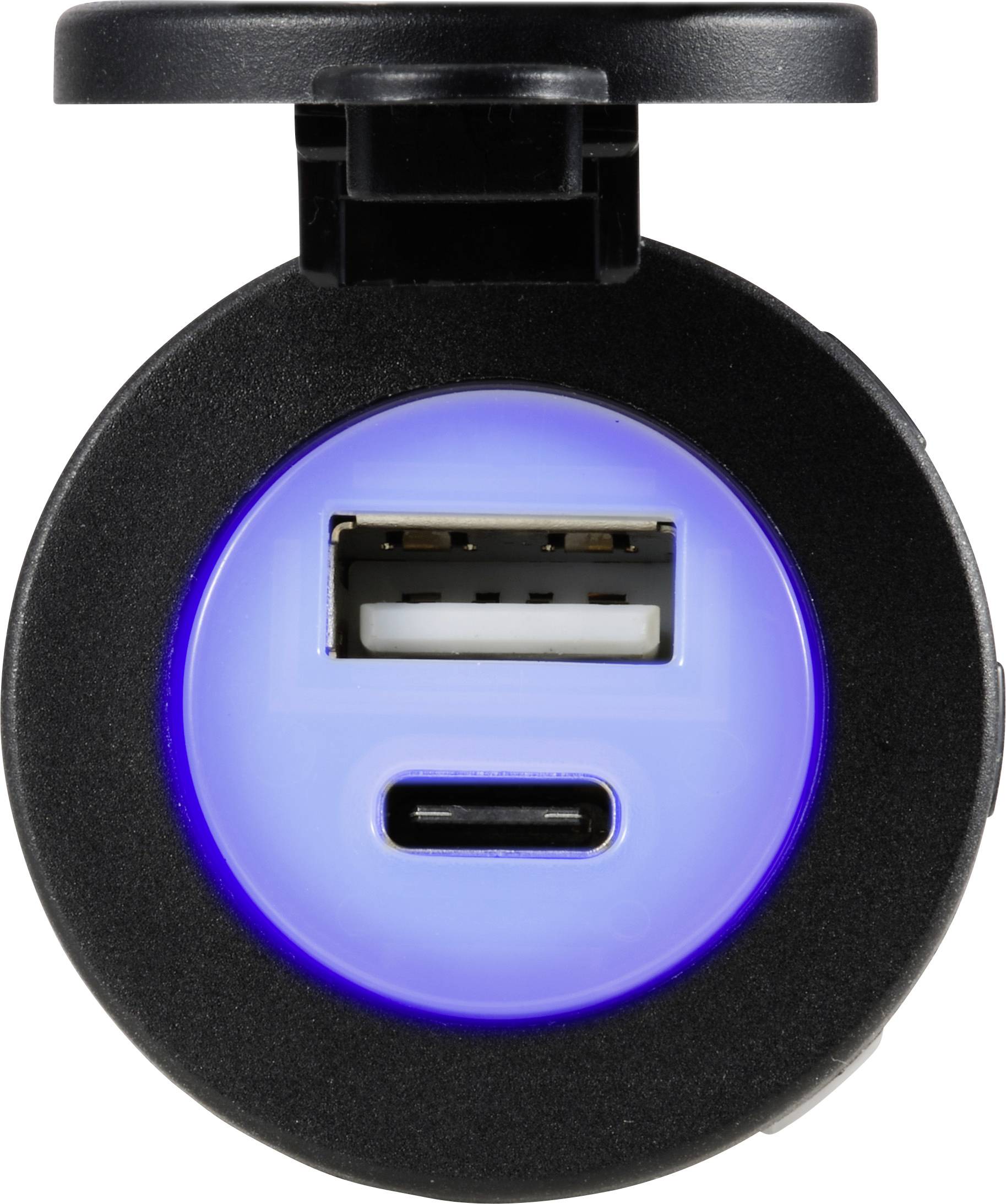 Een oplader met twee aansluitingen: USB-A en USB-C. Hij heeft een fel blauwe ring rond de aansluitingen.