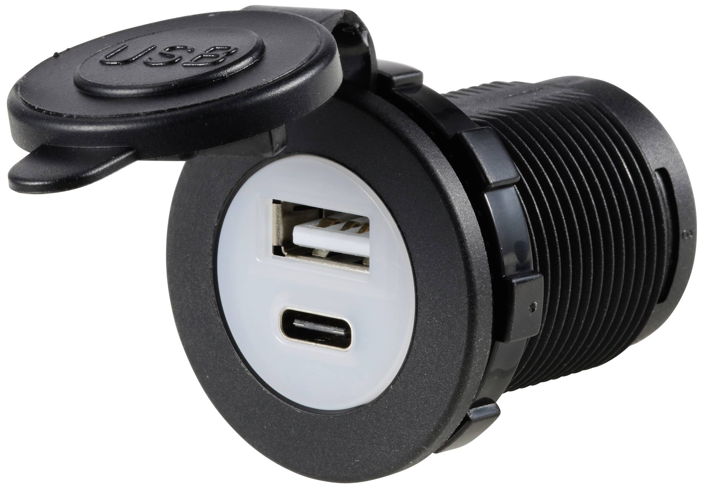 Een zwart, cilindrisch USB-oplaadapparaat met een USB-A- en een USB-C-aansluiting, met een open deksel.
