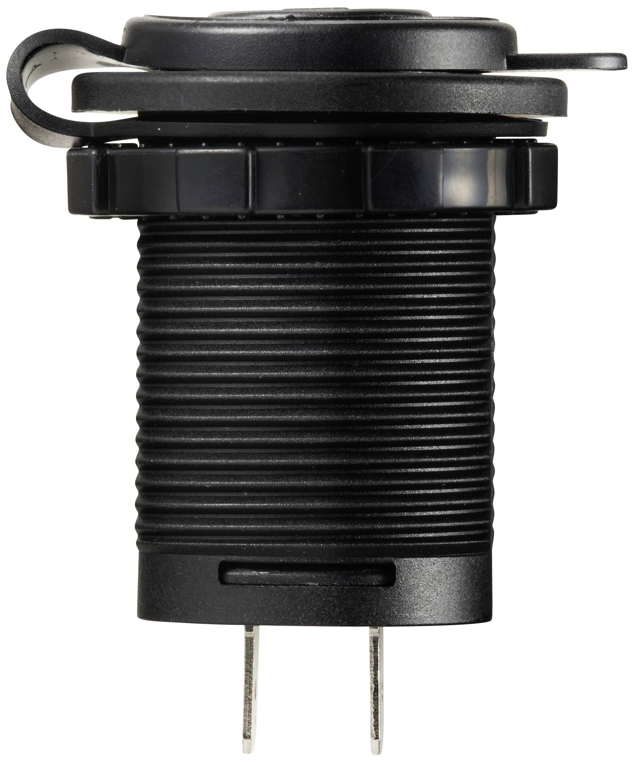 Close-up van een cilindrische, zwarte stroomadapter met een gegroefde oppervlakte en twee metalen pinnen aan de onderkant.