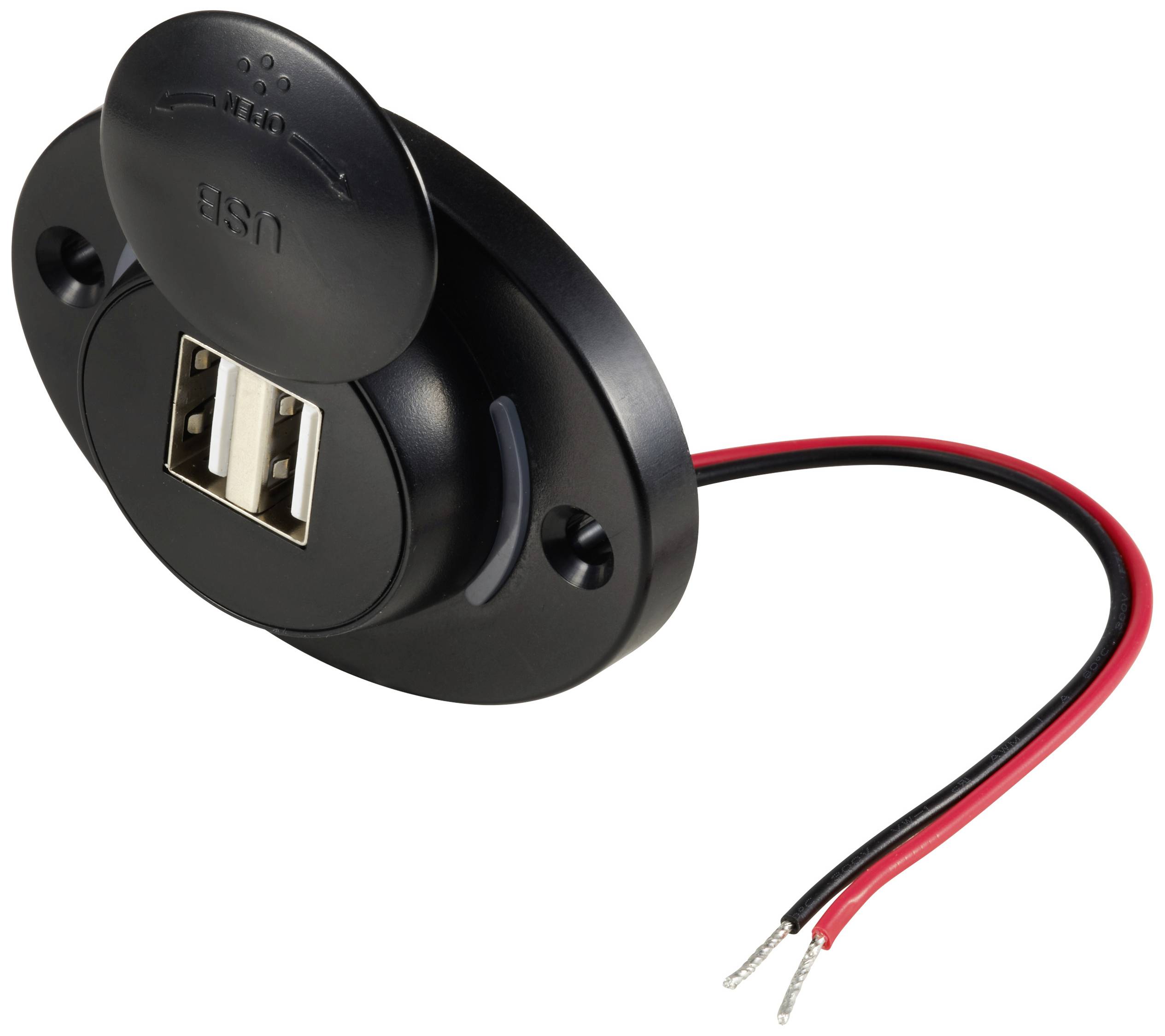 Zwarte USB-aansluiting met afdekkap en twee blootliggende stroomvoedingskabels.