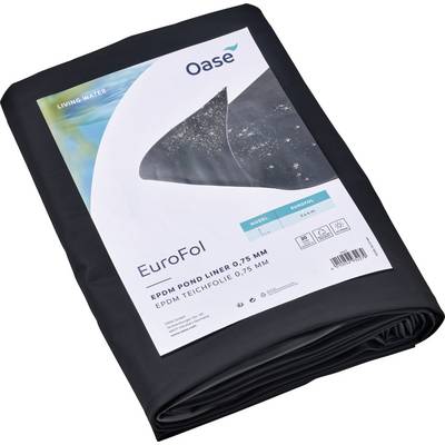 Rol van EPDM vijverfolie, geëtiketteerd als 'Oase EuroFol 0,75 mm', met diagram van de liner in gebruik, geschikt voor watertuinen.