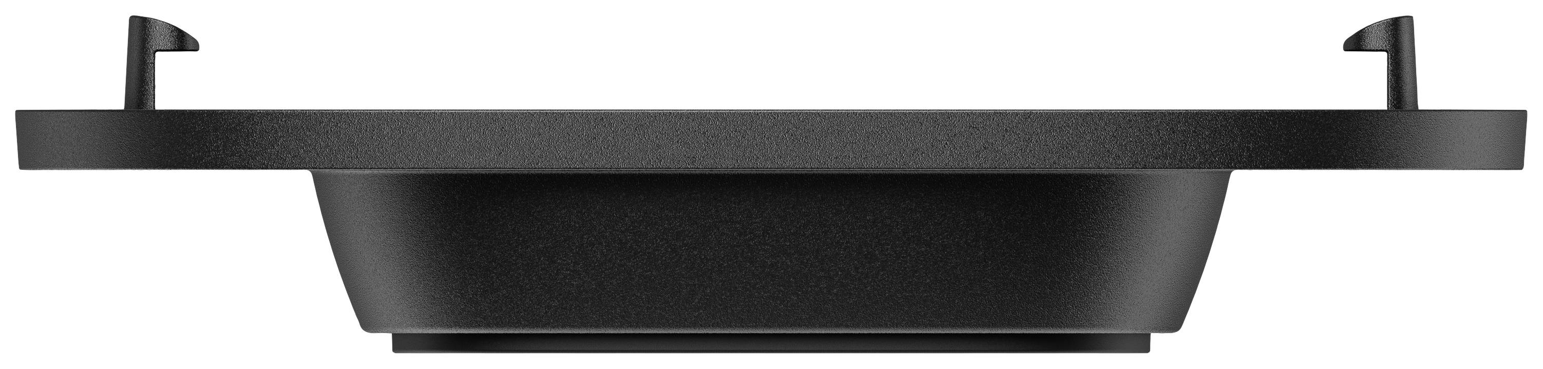 Een zwart, rond LED-inbouwspot bekeken van opzij, met bevestigingshaken aan de zijkanten. Ideaal voor moderne binnenverlichting.