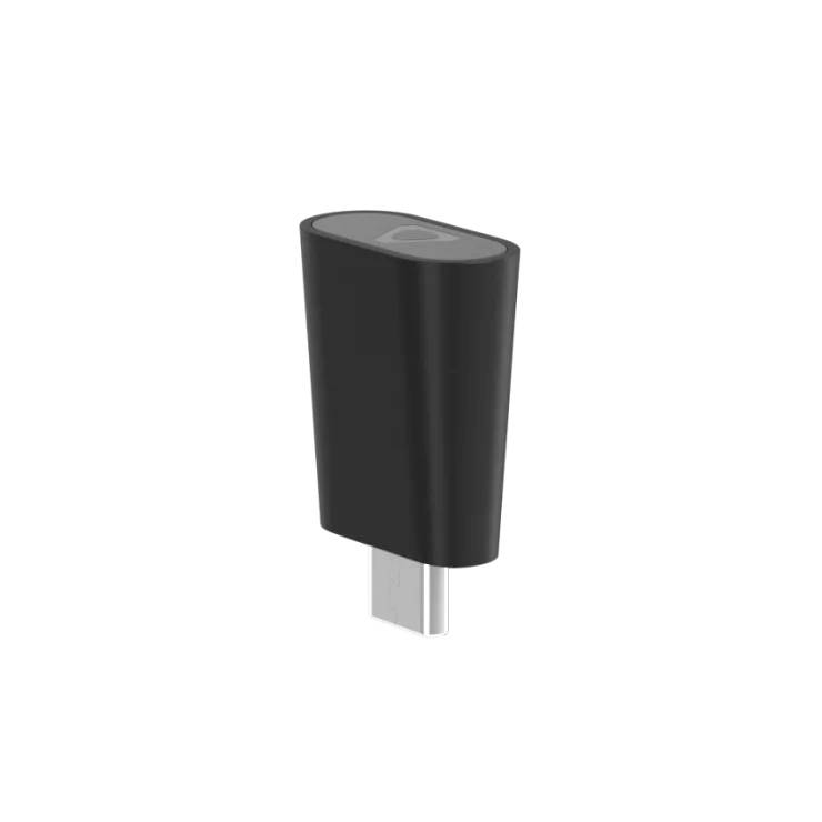 Zwarte USB-C-adapter, staat verticaal.