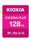 'Kioxia Exceria Plus 128 GB geheugenkaart, SDXC, Klasse U3, V30, geschikt voor Full HD-opnamen.'
