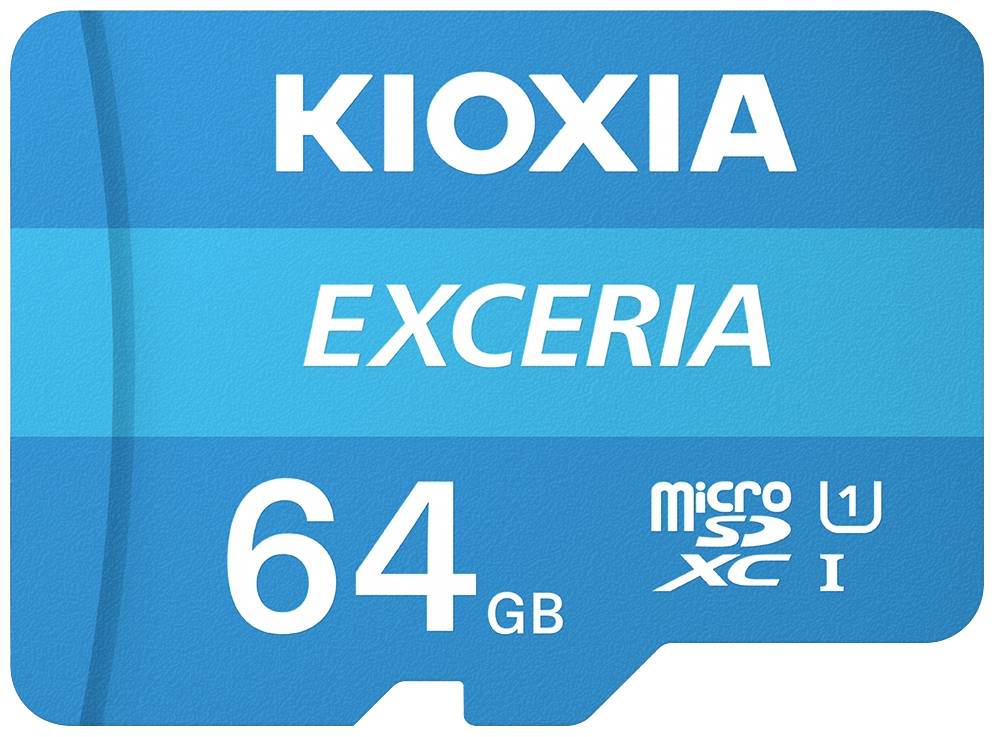 Blauwe microSD-kaart met de opdruk 'KIOXIA EXCERIA', opslaggrootte '64 GB', en symbolen 'microSDXC', 'U1', 'I'.