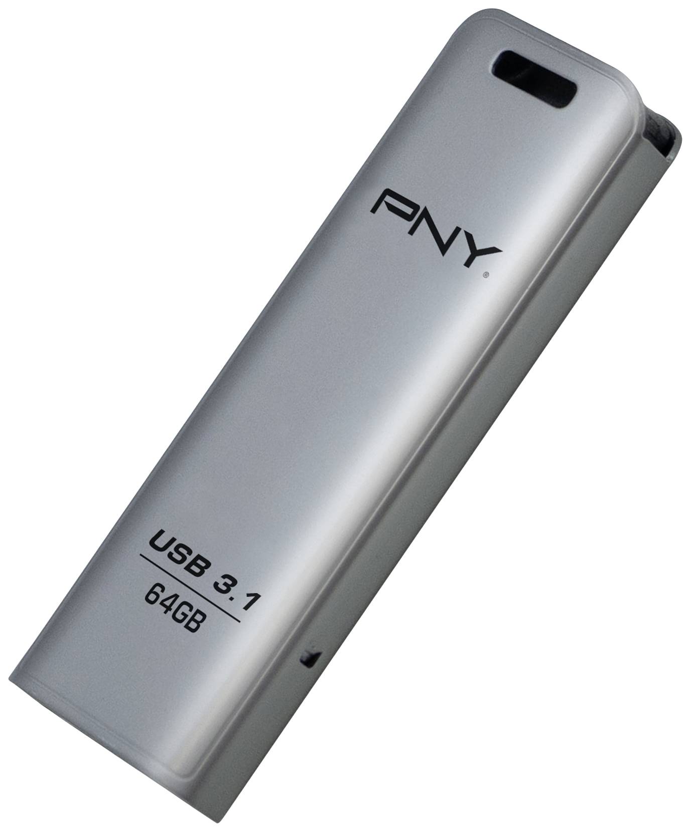 USB-stick met opschrift 'PNY', 'USB 3.1' en '64GB'. Zilverkleurig, slank ontwerp.