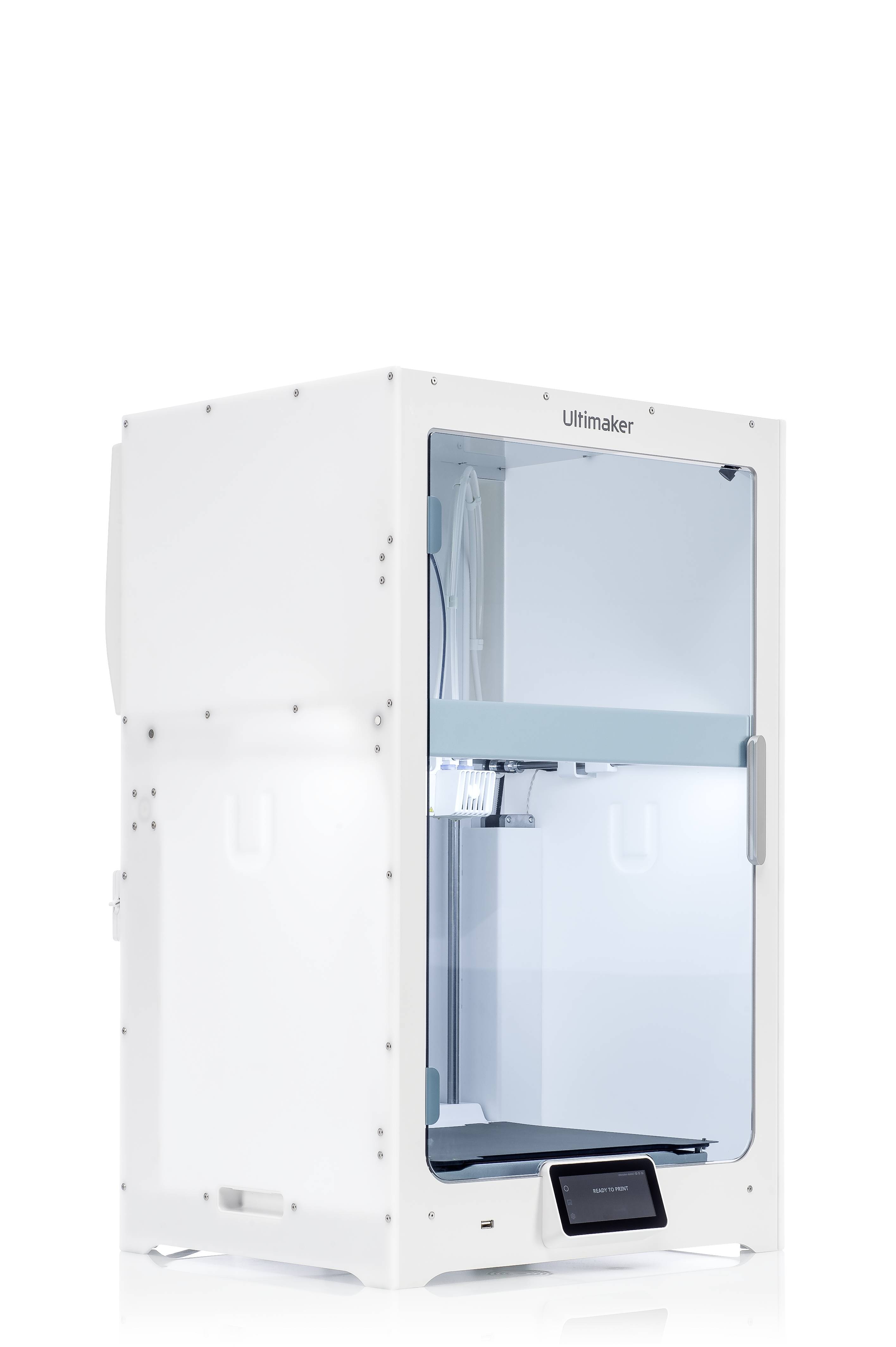 Een 3D-printer met een wit behuizing staat rechtop. Hij heeft een glazen deur en een display. De printer is geschikt voor professionele toepassingen.