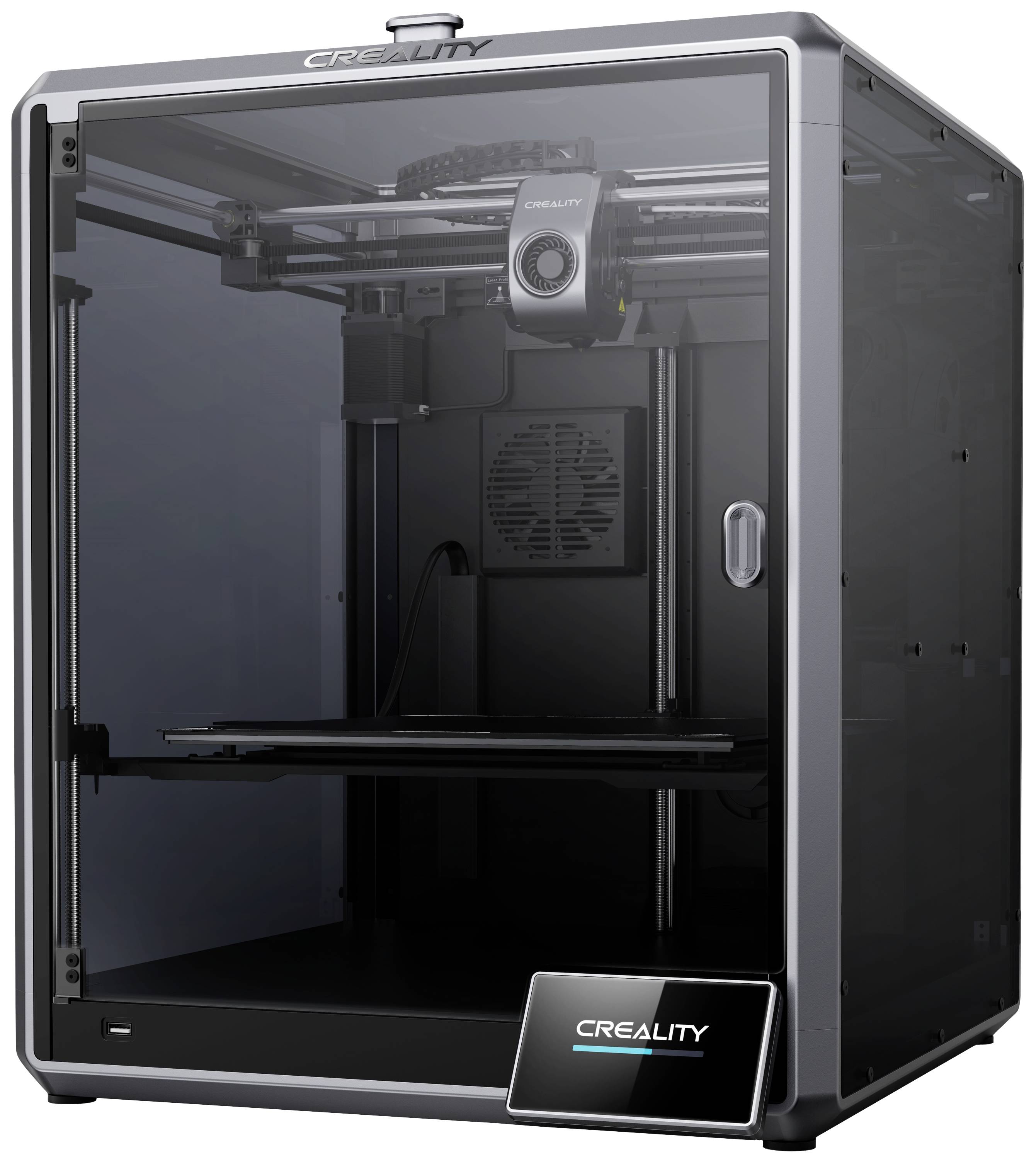 Een 3D-printer van Creality in een gesloten behuizing. De printer heeft een glazen deur en is geschikt voor het printen van objecten.