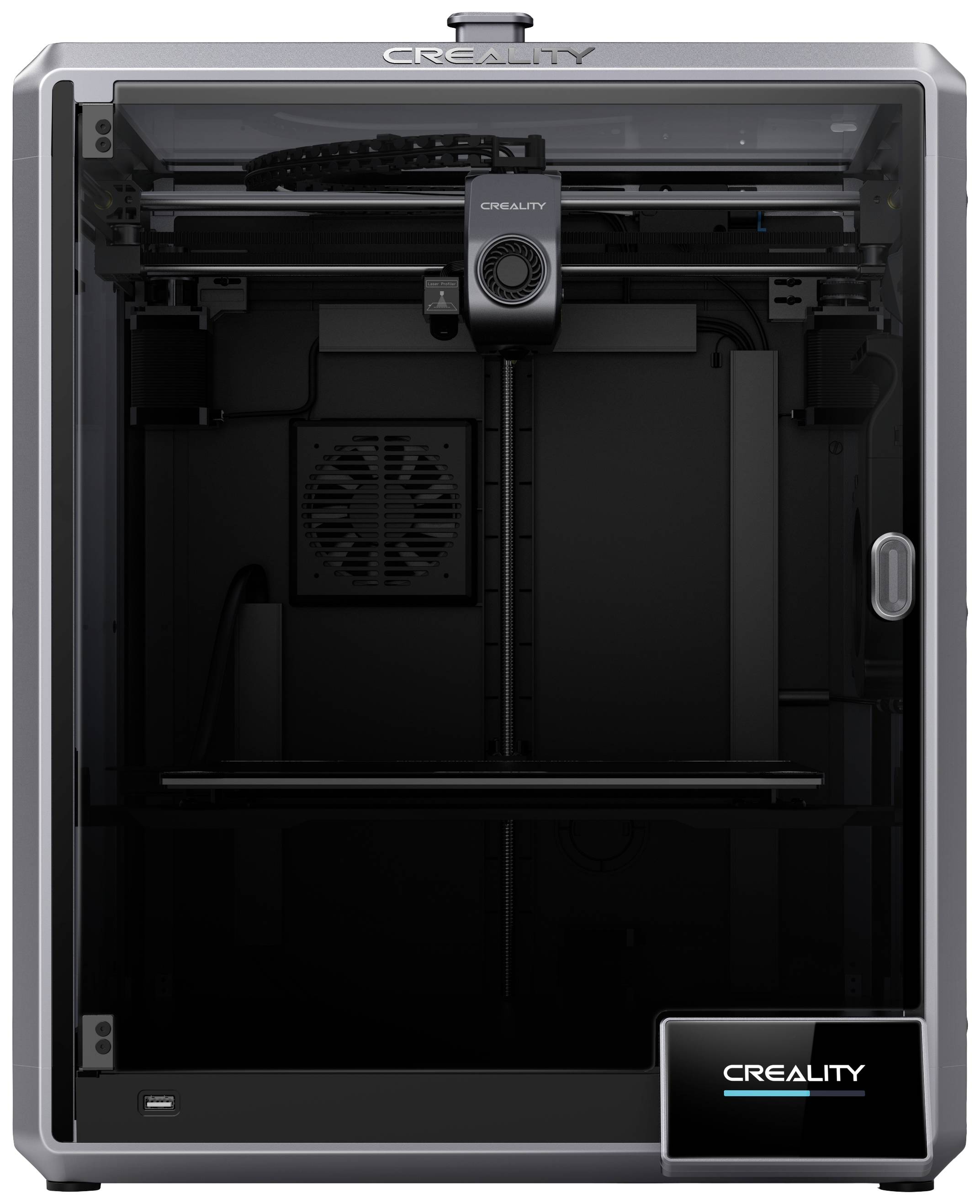 Een 3D-printer van het merk Creality met een gesloten behuizing. De printer heeft een voorste deur, een ventilator en een display.