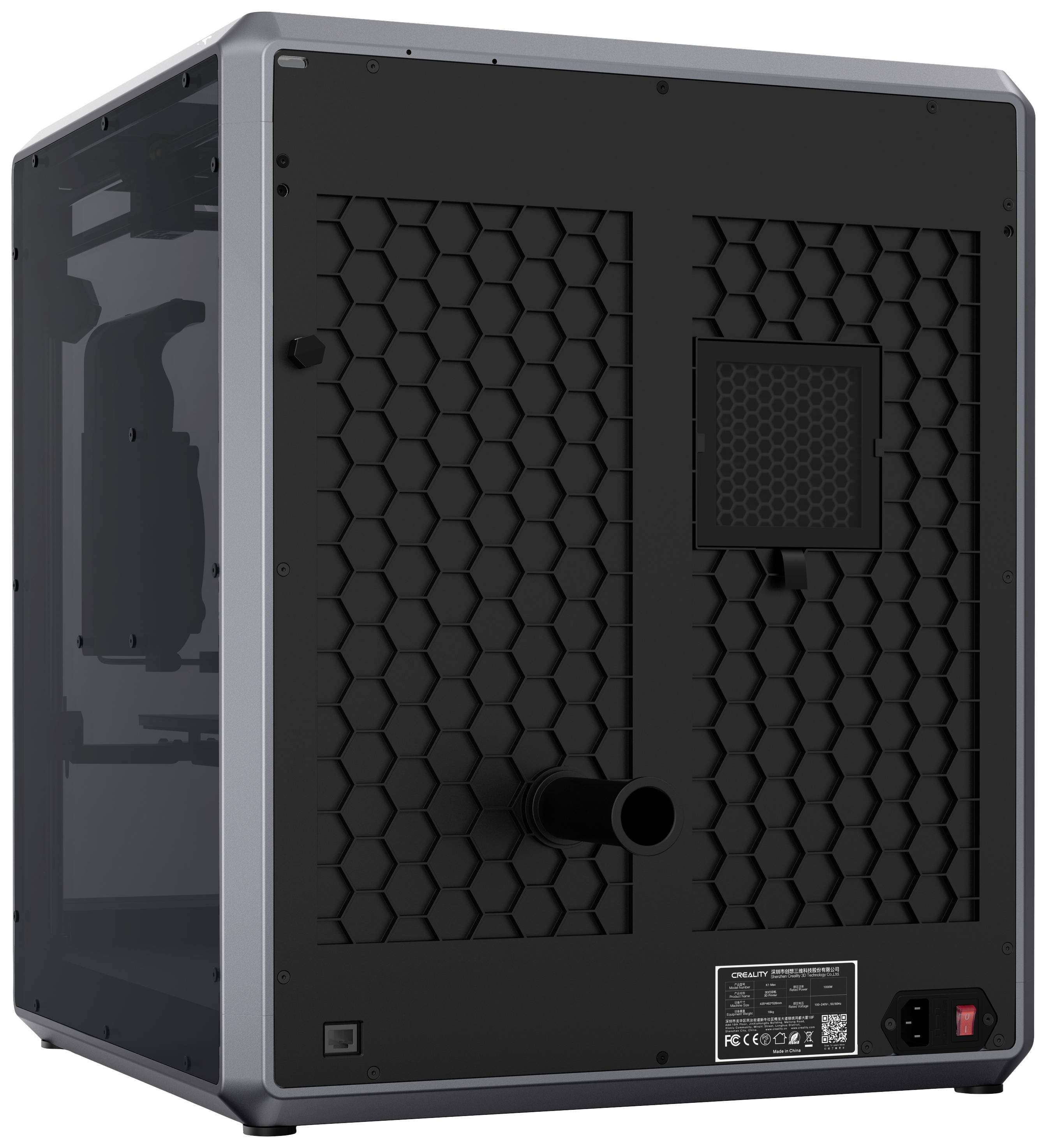 Computerbehuizing in het zwart met zeshoekig patroon; achteraanzicht toont ventilatierooster en schakelaar; primair materiaal is metaal.