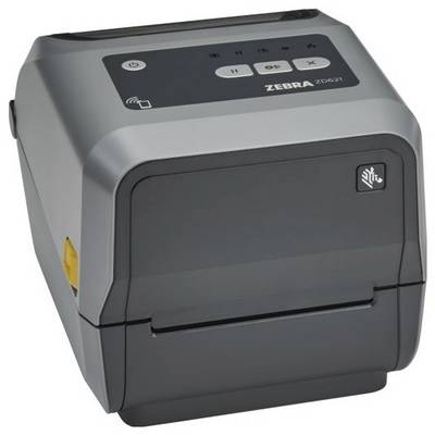 Een compacte desktopthermolabelprinter met een zwart en grijs ontwerp, voorzien van bedieningsknoppen bovenop en een draadloos verbindingssymbool.