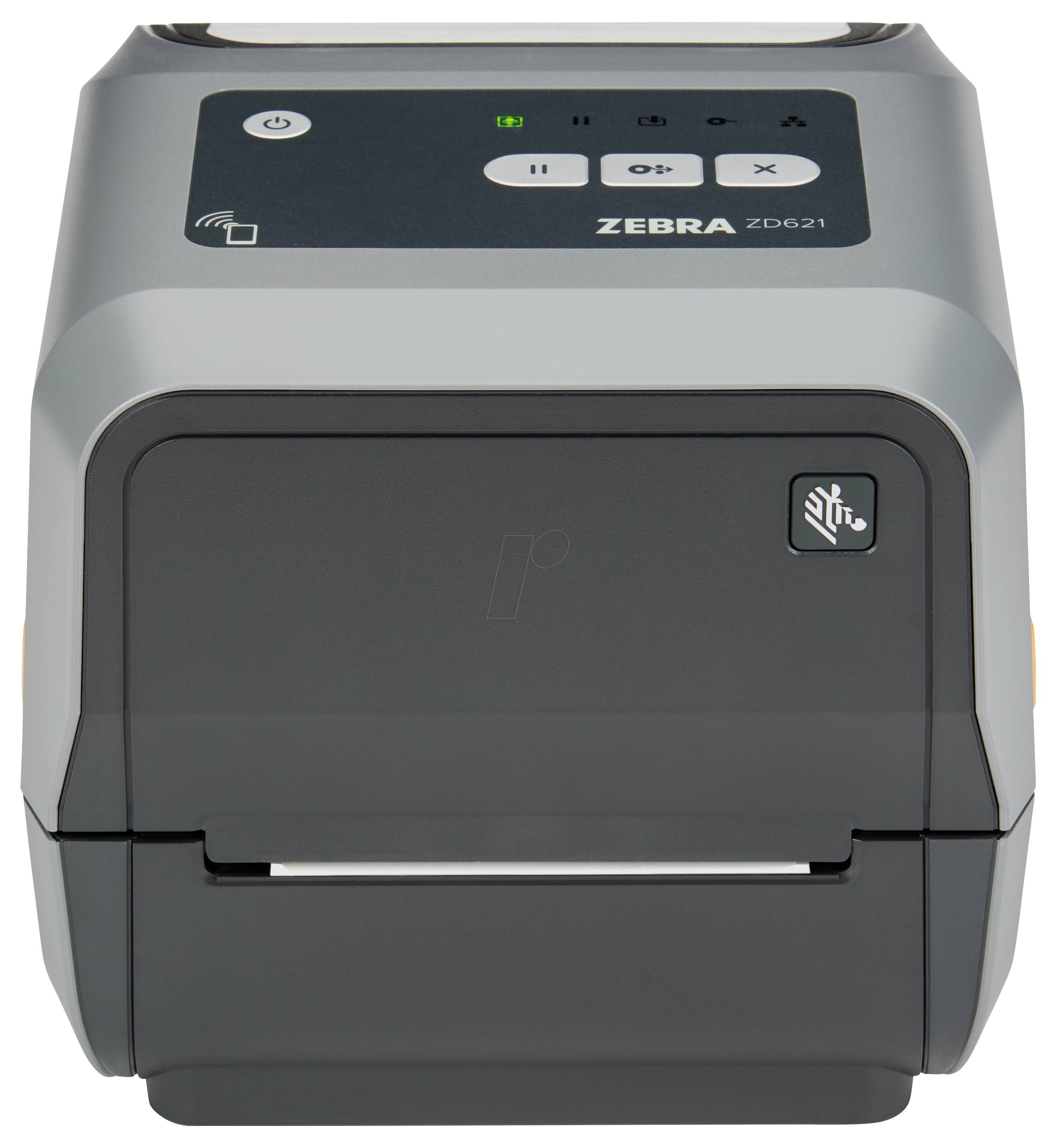 Zebra ZD621-labelprinter met knoppen en statuslichten zichtbaar, waarbij het compacte ontwerp en de gebruiksvriendelijke interface worden getoond.