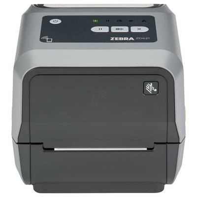 Zebra ZD621-labelprinter met knoppen en statuslichten zichtbaar, waarbij het compacte ontwerp en de gebruiksvriendelijke interface worden getoond.