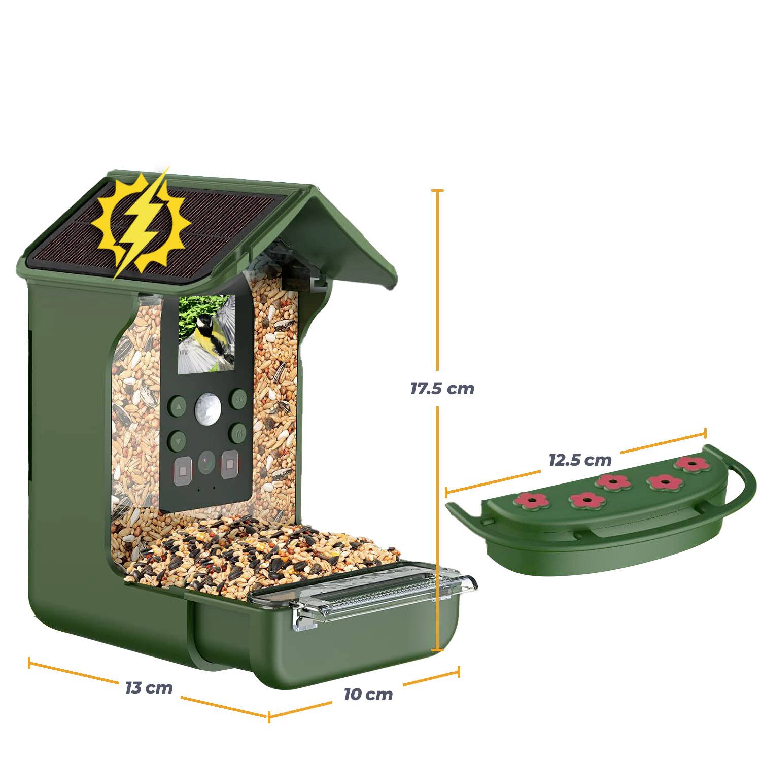 Multifunctionele groene voederstation voor vogels met zonne-oplading, cameradisplay, hoogte 17,5 cm, breedte 10 cm, onderste plateau 13 cm breed.