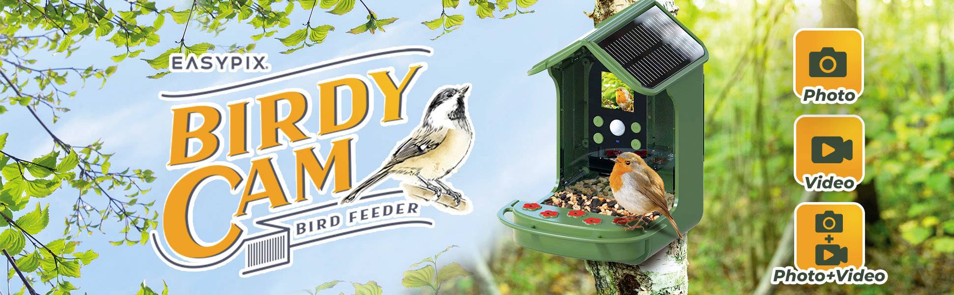 Een vogelvoederstation met camera. Links de tekst 'EasyPix Birdy Cam Voederstation'. Rechts iconische knoppen voor foto en video.