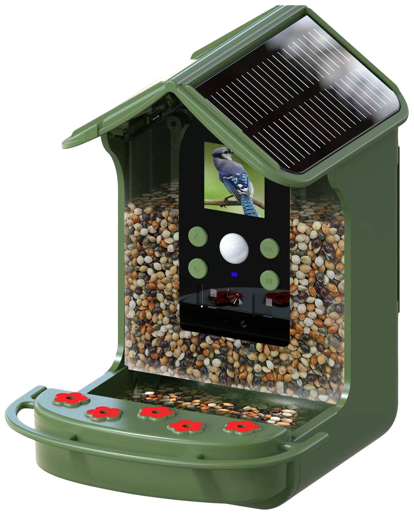 Zelfschonende groene voedingsautomaat voor vogels met zonnepaneel, LCD-display en camera voor vogelbewaking.