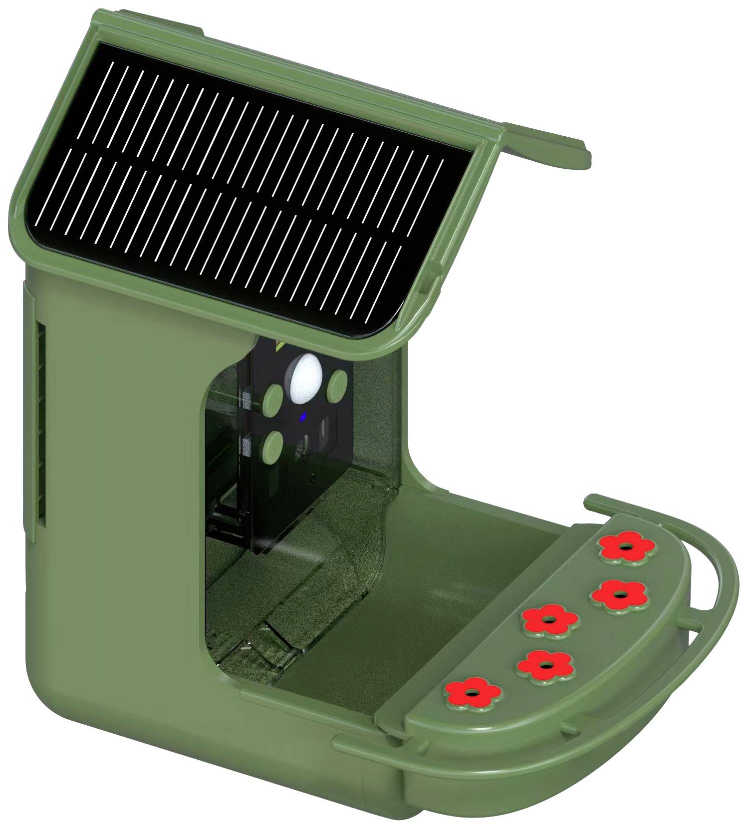 Groene, op zonne-energie werkende wildcamera met open behuizing en vier rode bloemen op de deksel.