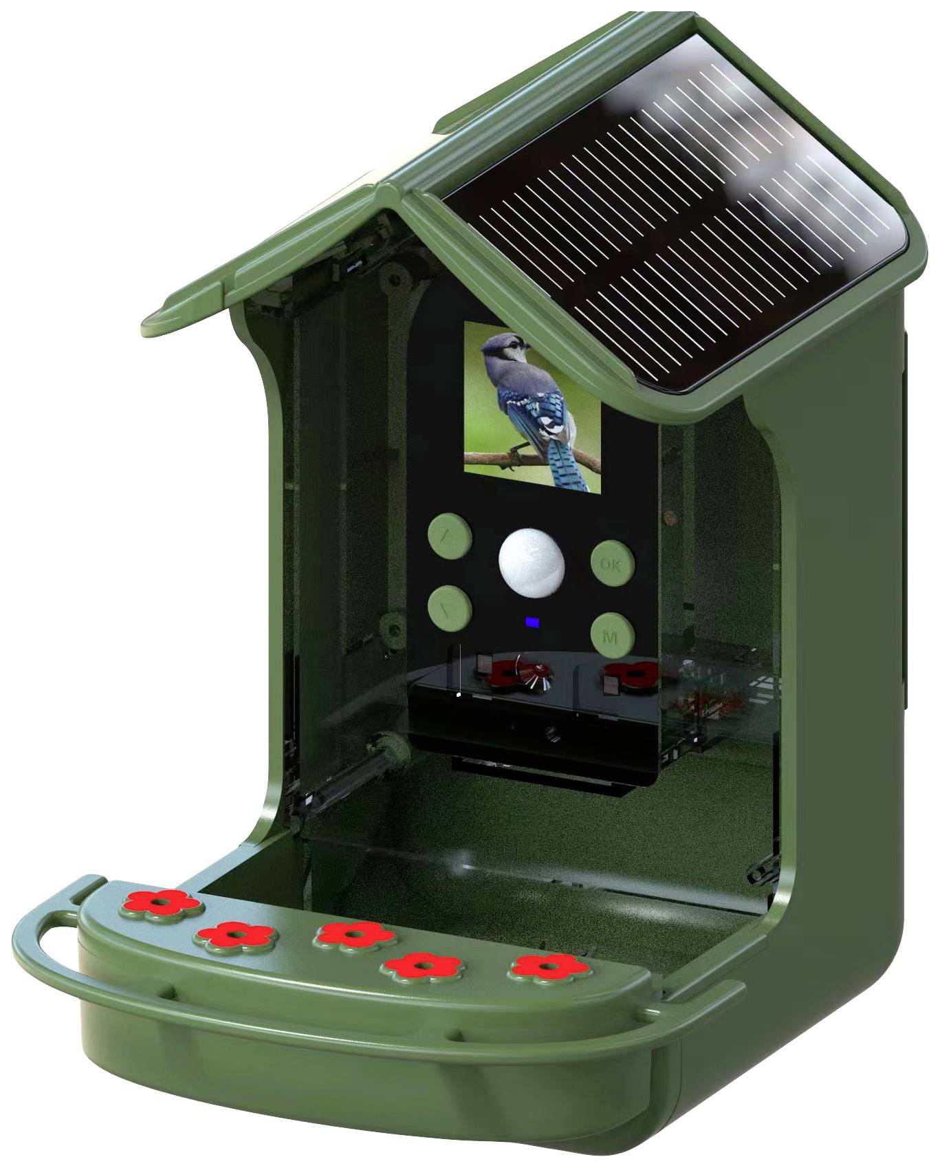 Groen vogelhuisje met geïntegreerd zonnepaneel en digitaal scherm waarop een afbeelding van een vogel wordt weergegeven. Vijf rode voederplaatsen.