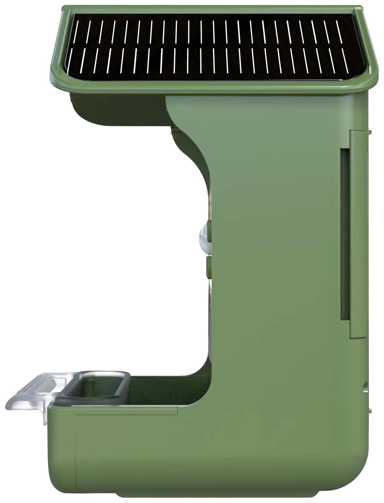 Automatische voederautomaat in het groen met zonnepaneel bovenaan, voederschaal linksonder.