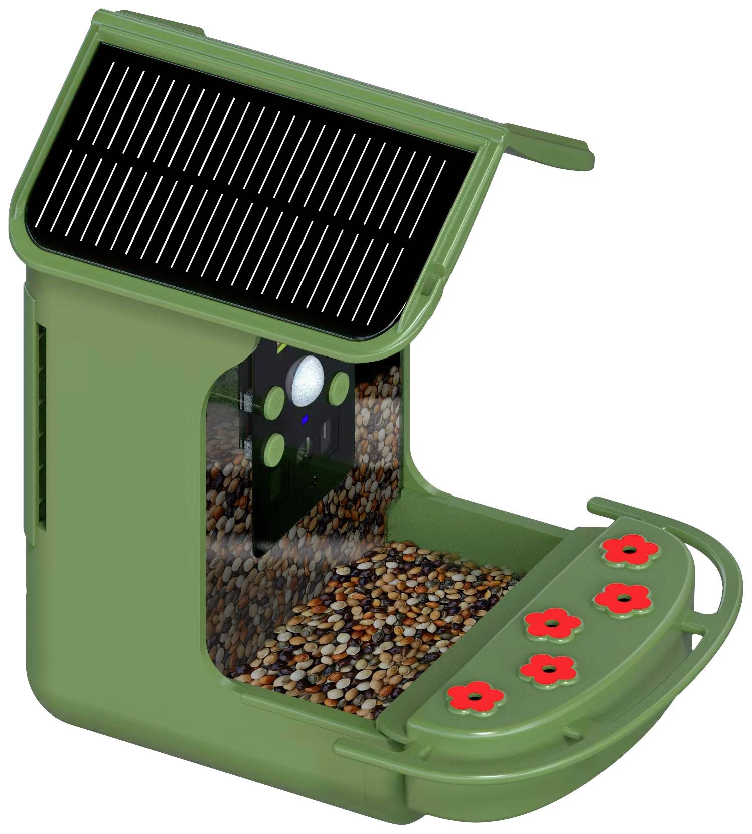 Groen zonnepaneel vogelhuisje met geïntegreerde camera, gevuld met verschillende zaaizaden; bloemetjesversiering langs de rand.