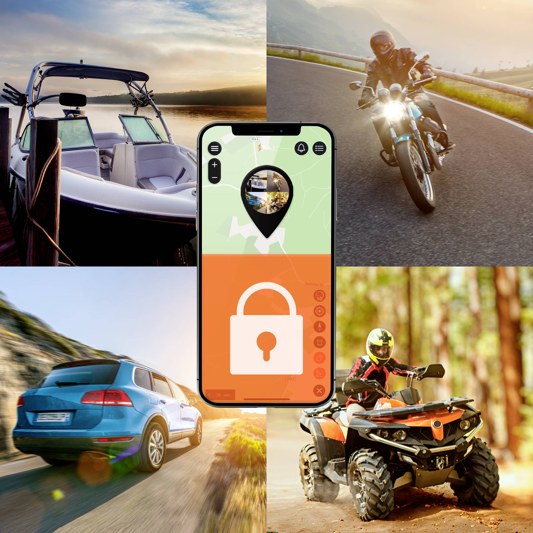 Een smartphone toont een kaart met een slotpictogram. Rondom de telefoon zijn afbeeldingen verspreid van een boot, motor, auto en quad.