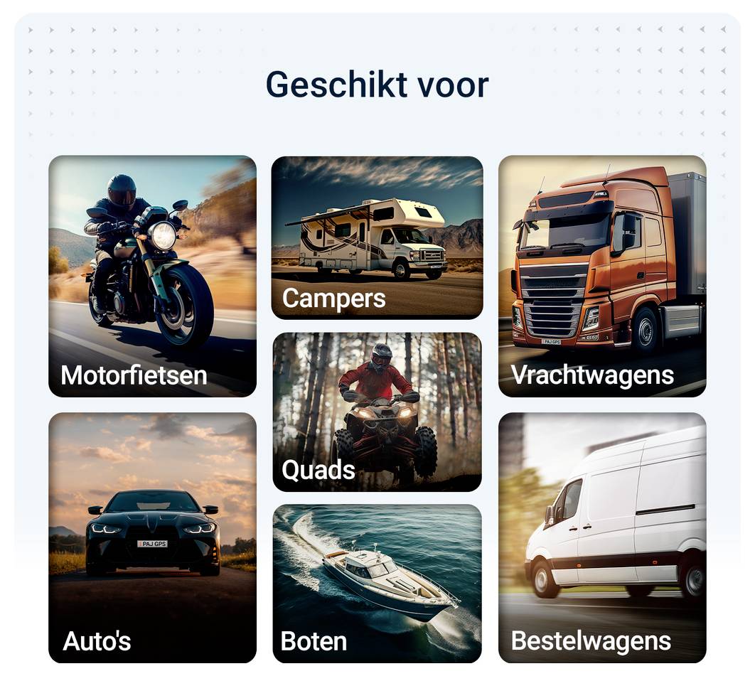 Overzicht "Geschikt voor" met afbeeldingstegels voor motorfietsen, campers, vrachtwagens, auto's, quads, boten en bestelbussen.