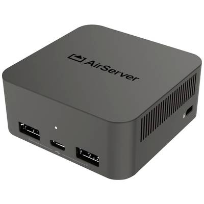 Een zwart vierkant apparaat met het opschrift 'AirServer' aan de bovenkant, met verschillende aansluitingen aan de voorkant.