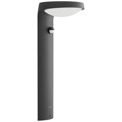 Zwarte buitenlamp met rond hoofd en geïntegreerde bewegingssensor. Energiezuinig en geschikt voor wandmontage.