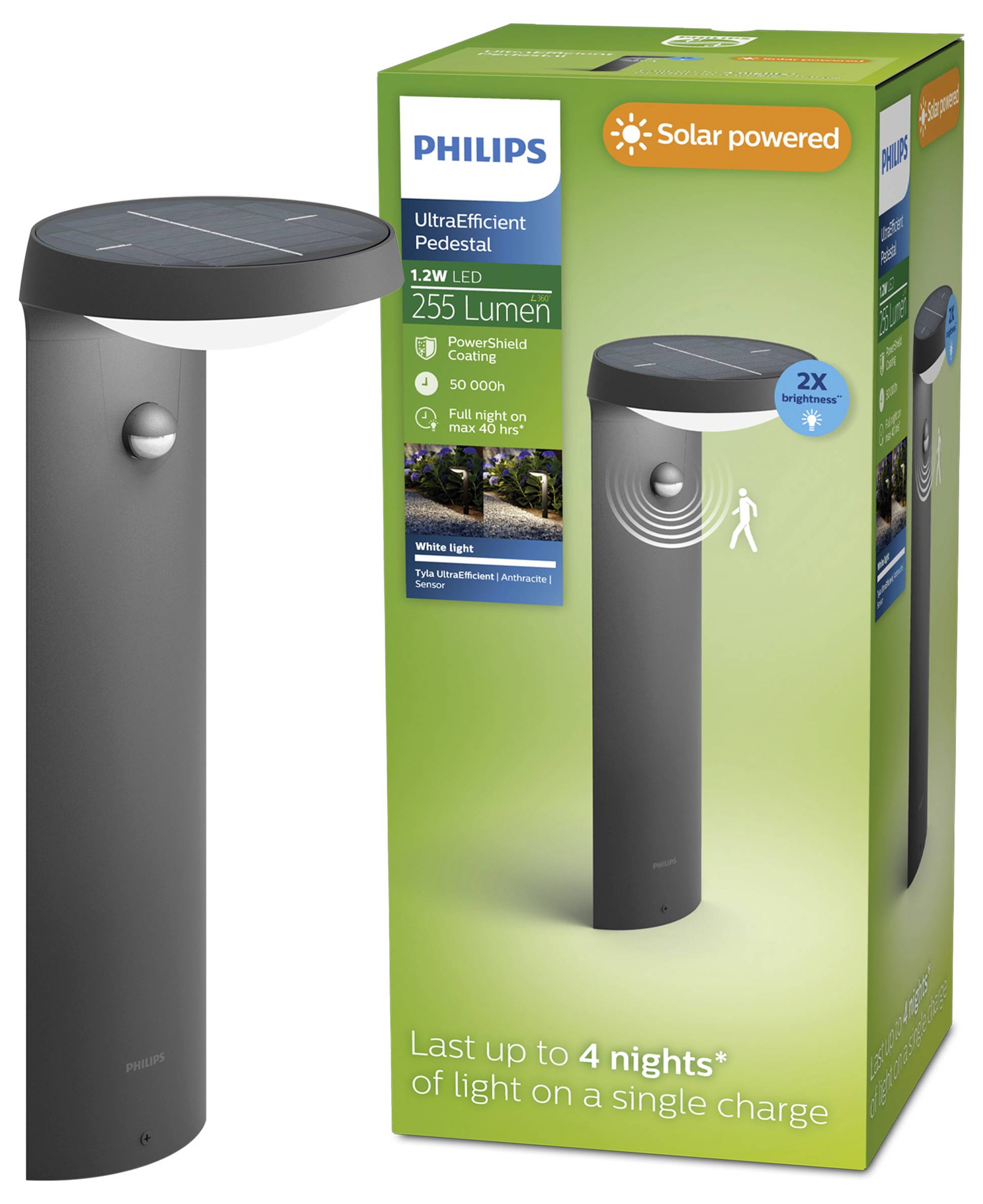 Philips zonne-energievoeding staande lamp in verpakking, gelabeld UltraEfficient, 1,2W LED, 255 lumen, en 'Kan tot 4 nachten meegaan' op één volle lading.