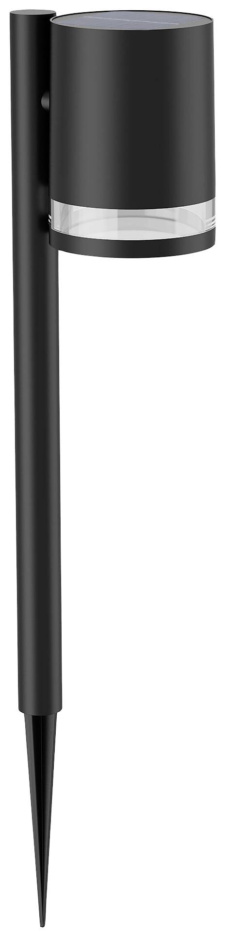 Zwarte solar tuinlamp met een puntige voet voor bevestiging in de grond. Cilindrische vorm met een transparante ring onder het zonnepaneel.