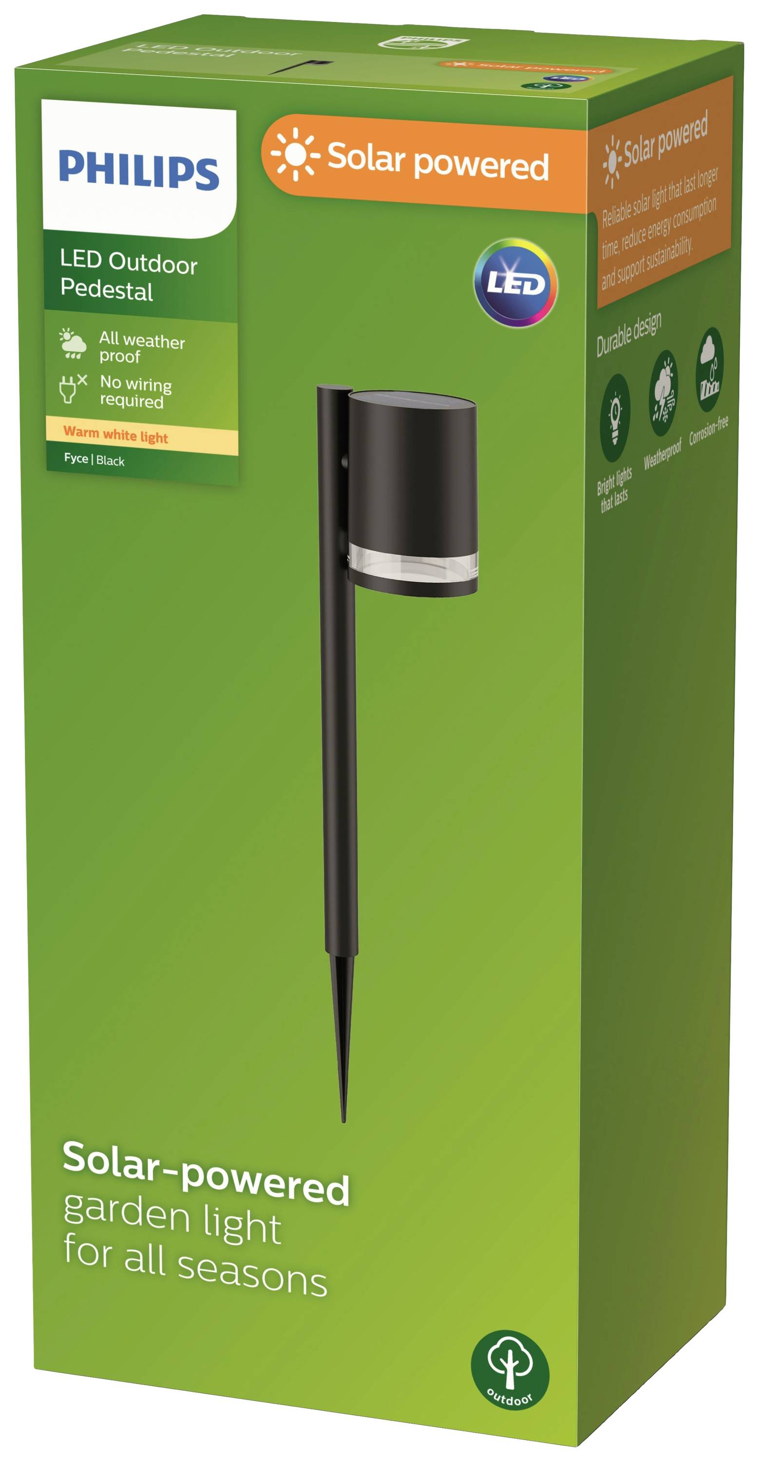 Verpakking van een Philips LED-solar-buitenlamp voor de buitenruimte, geschikt voor alle weersomstandigheden, in het zwart.