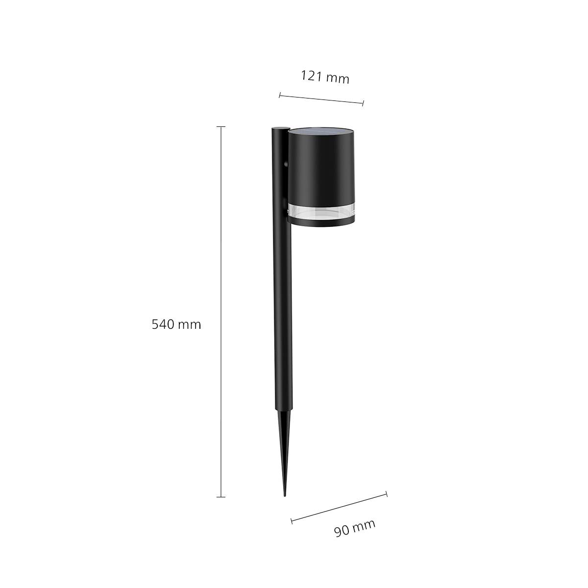 Zwarte buitenlamp met cilindrische kop en puntige staaf. Afmetingen: 540 mm hoog, 121 mm breed, 90 mm diep. Ideaal voor tuinverlichting.