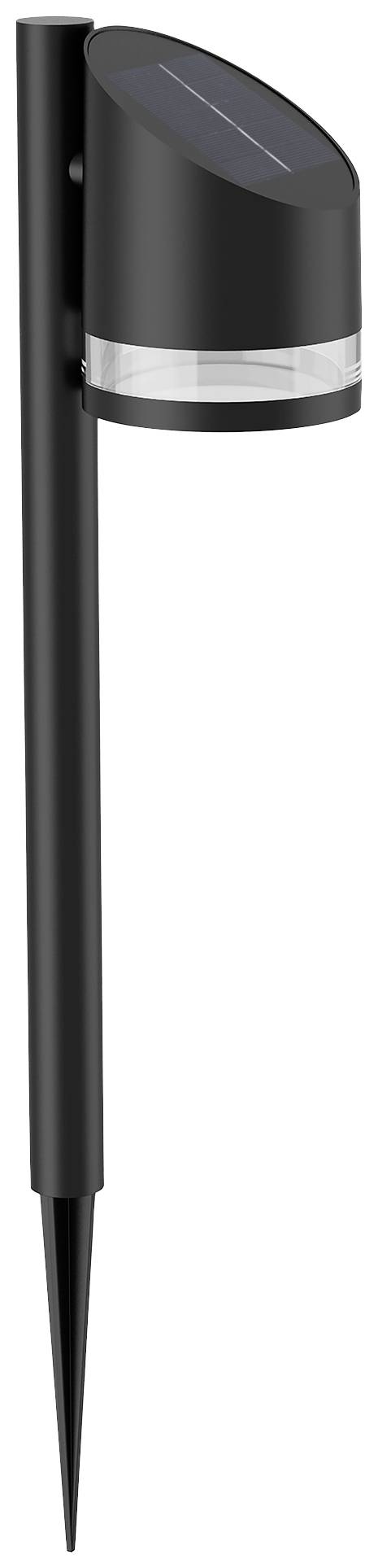 Zwarte solartuinlamp met puntige grondpen en transparante lichtring.