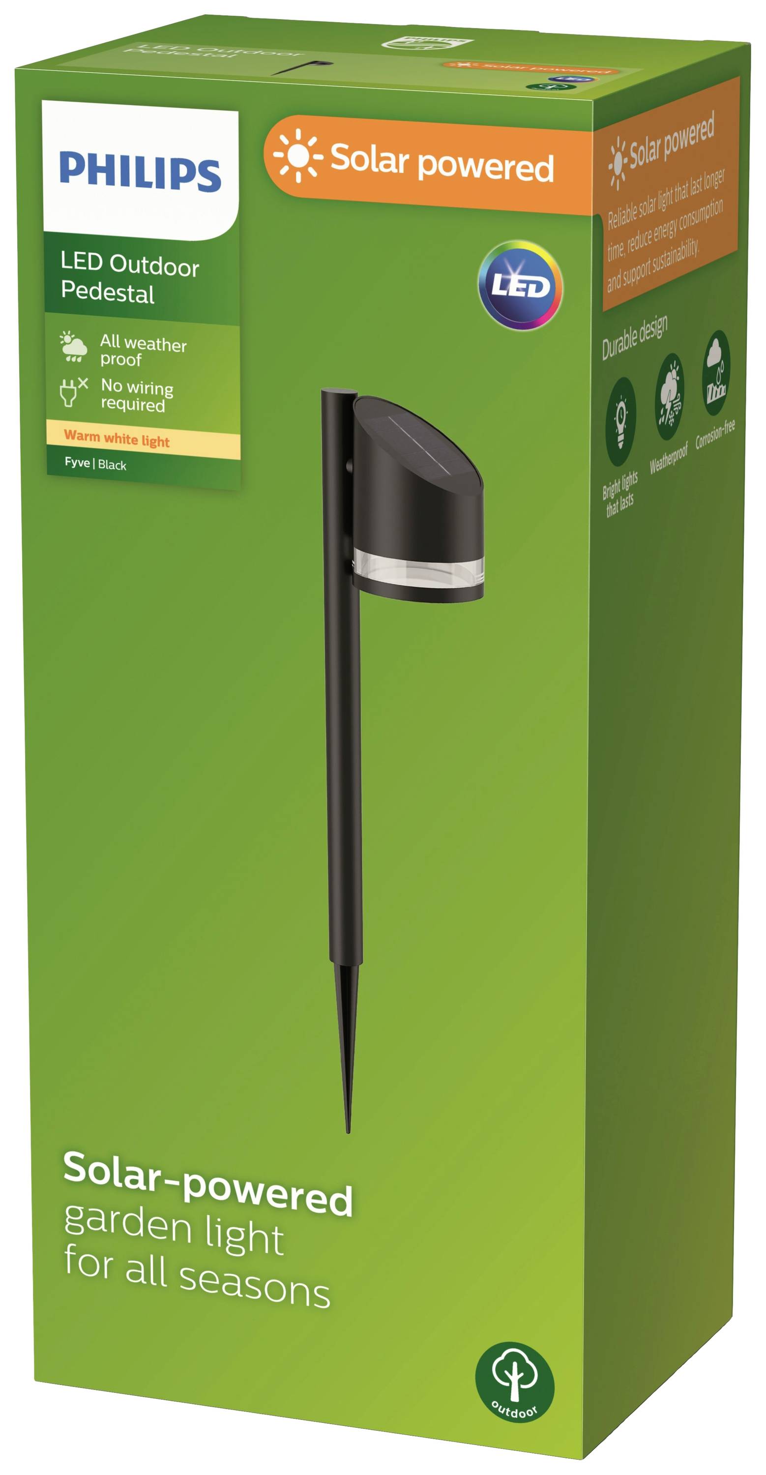 'LED Solar-tuinlamp van Philips' toont een weerbestendige lamp voor gebruik gedurende het hele jaar buiten, zonder elektrische installatie.