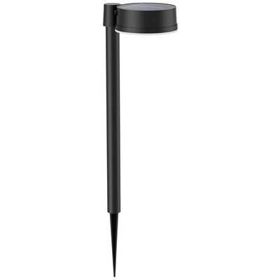 Zwarte zonne-energietuinlamp met lange stang en ronde lampenkap.