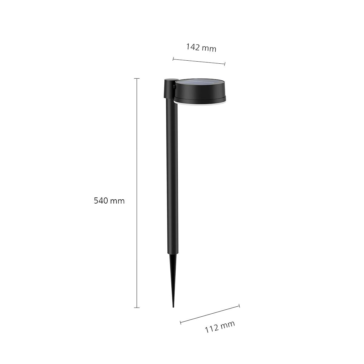 Zwarte tuin-solarverlichting met afmetingen: hoogte 540 mm, breedte van de verlichtingskop 142 mm, breedte van de grondpen 112 mm.
