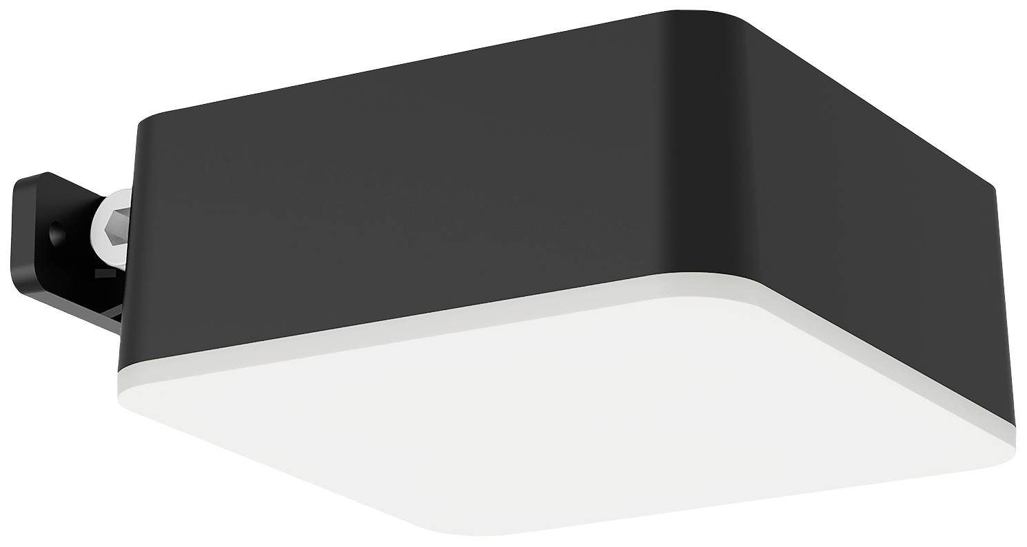 Zwarte, rechthoekige wandlamp met afgeronde hoeken, bevestigd aan de muur.