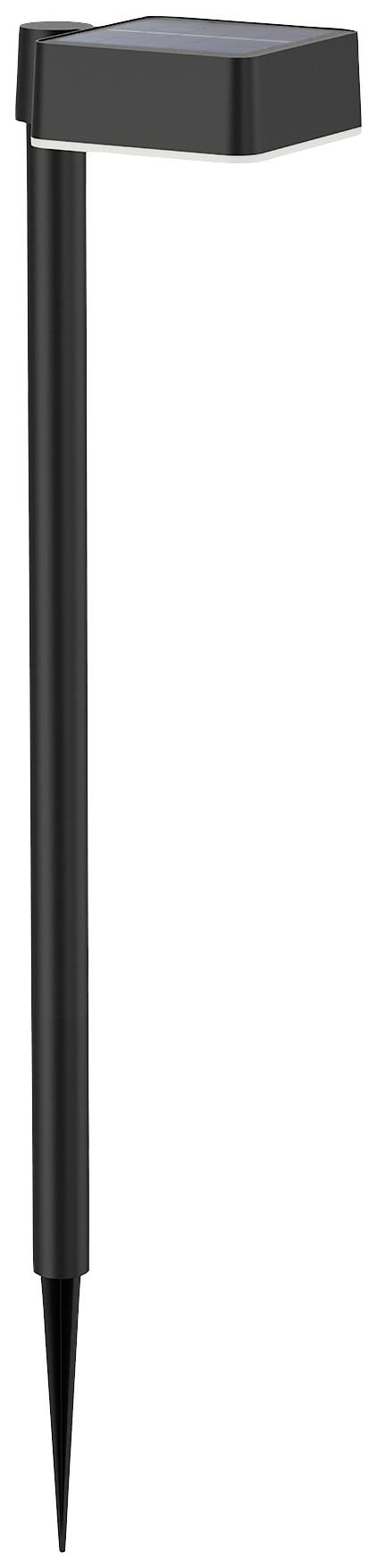 Een zwarte solar lamp met een lange steel en een vierkante lampenkop. Hij is bedoeld om in de grond te steken.