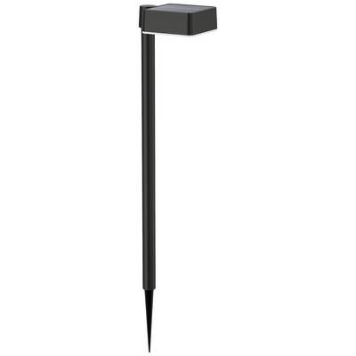 Een zwarte solar lamp met een lange steel en een vierkante lampenkop. Hij is bedoeld om in de grond te steken.
