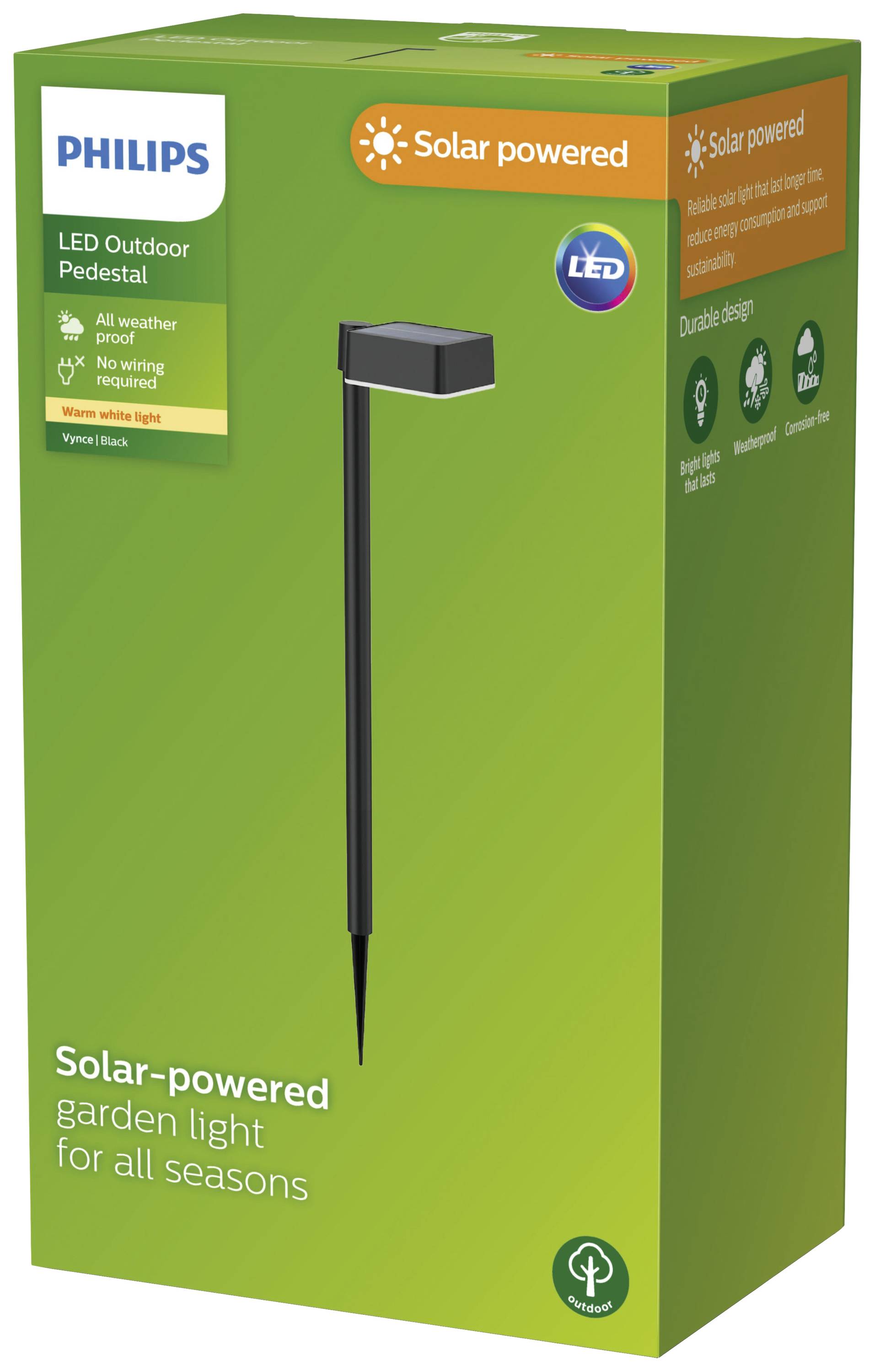 Een groene verpakking voor een Philips LED-zonnegaydeverlichting. Bevat productafbeeldingen en tekst: 'Zonne-aangedreven tuinverlichting voor alle seizoenen'.