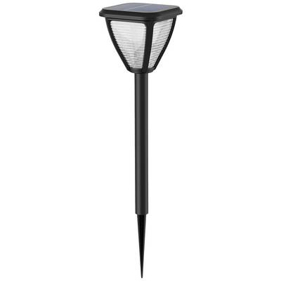 Een zwarte solar tuinlamp met een lange steel en grondpen, een transparante lampenkap en een zonnepaneel bovenaan.