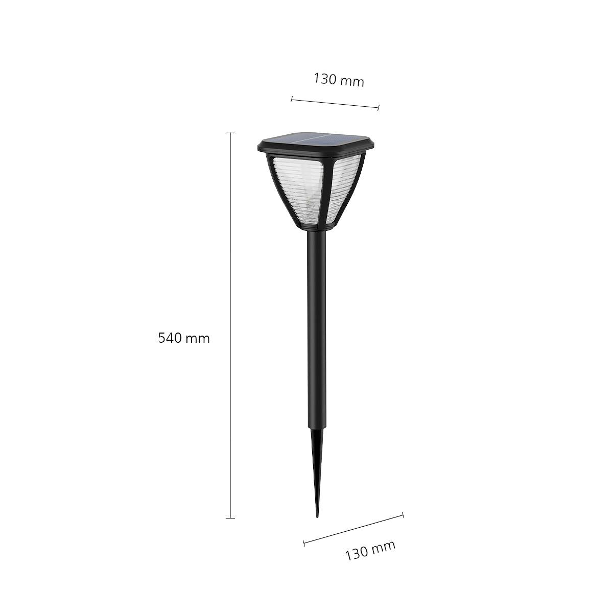'Solar tuinlamp, hoogte 540 mm, breedte 130 mm, met grondpen. Bovenaan zonnepaneel.'