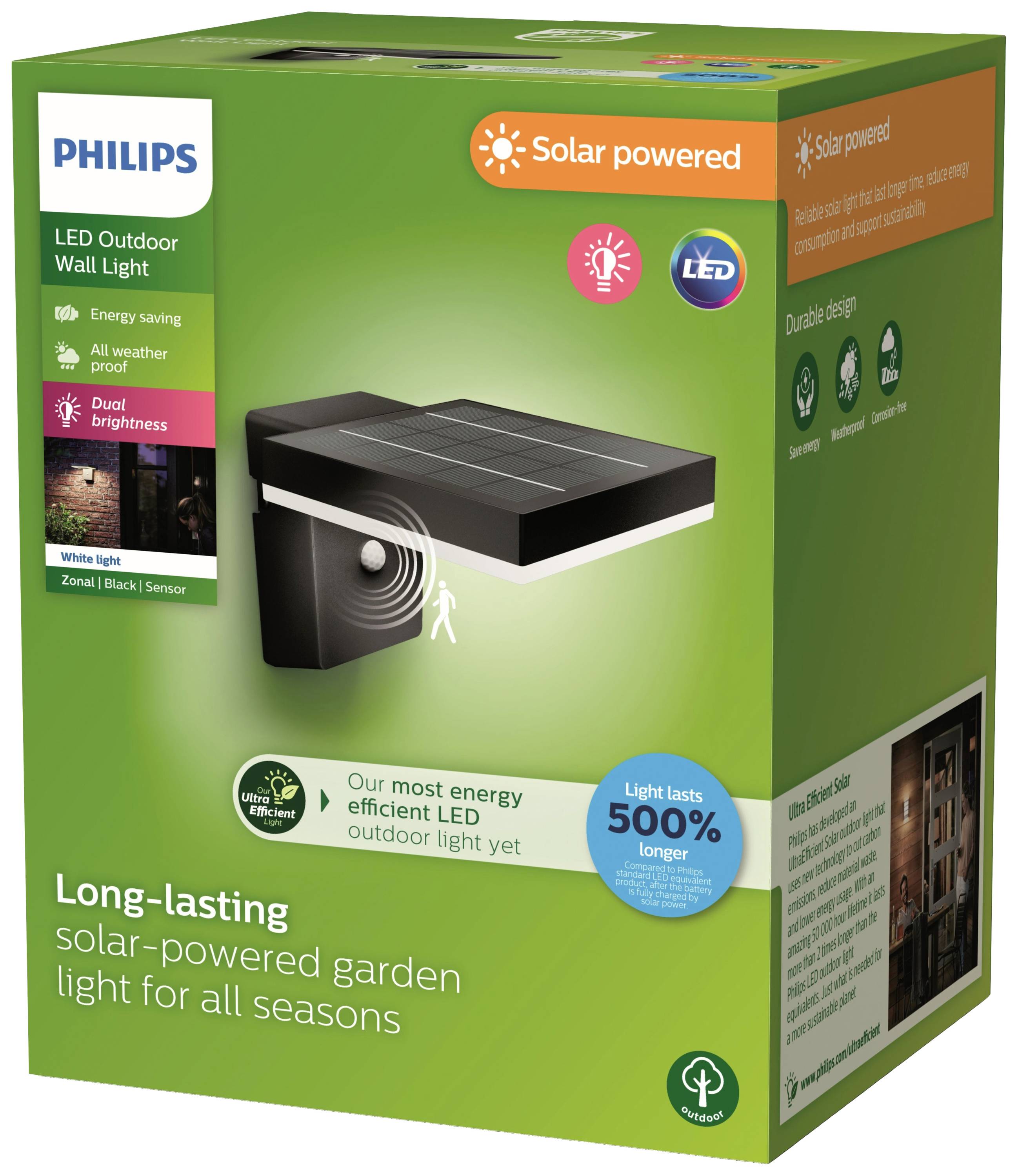 Philips LED-buitenwandlamp voor de tuin, op zonne-energie, weerbestendig, met energiebesparing en dubbele helderheid.