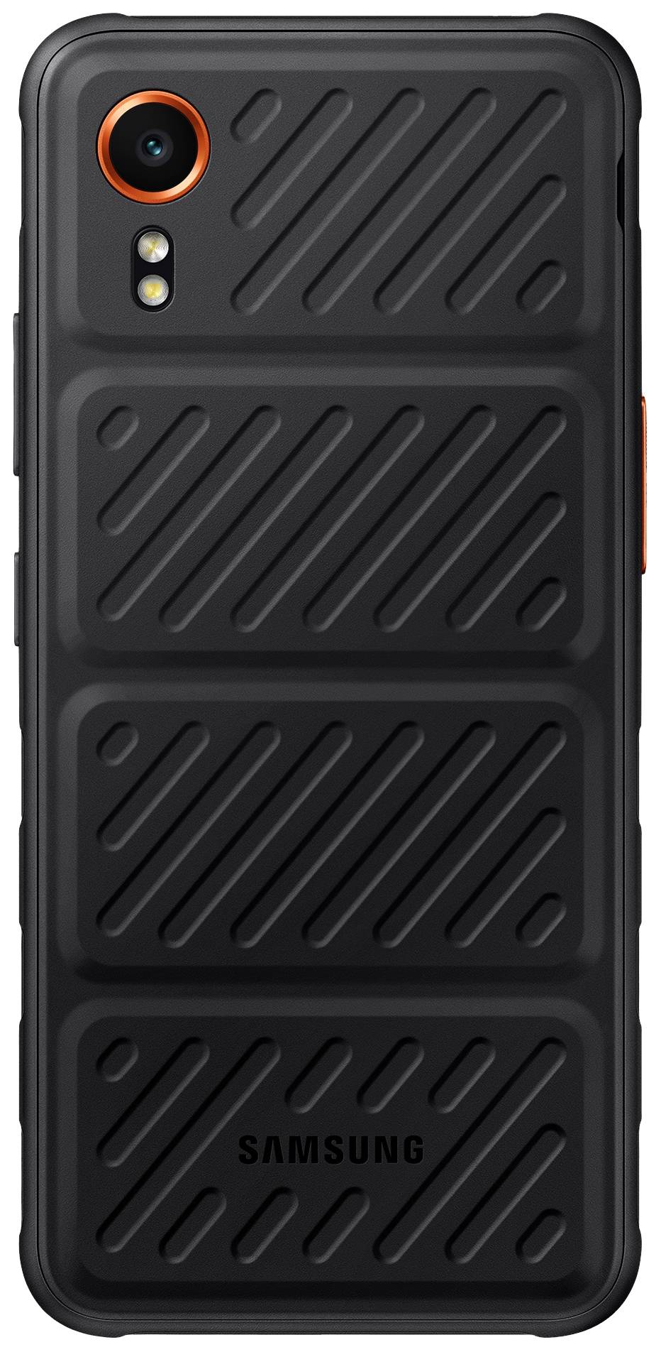 Een zwarte Samsung-smartphone met een robuust behuizing. Achterkant toont een gestructureerd design met diagonale strepen.