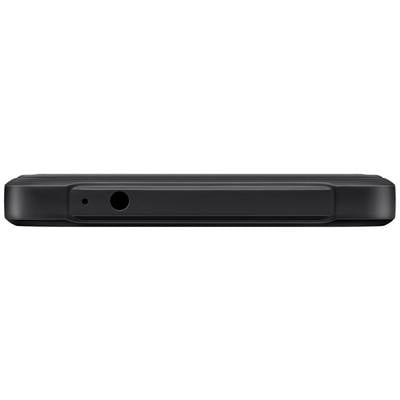 Een zwarte smartphone ligt plat, met de bovenkant zichtbaar waarop de koptelefoonaansluiting en microfoonopening te zien zijn.