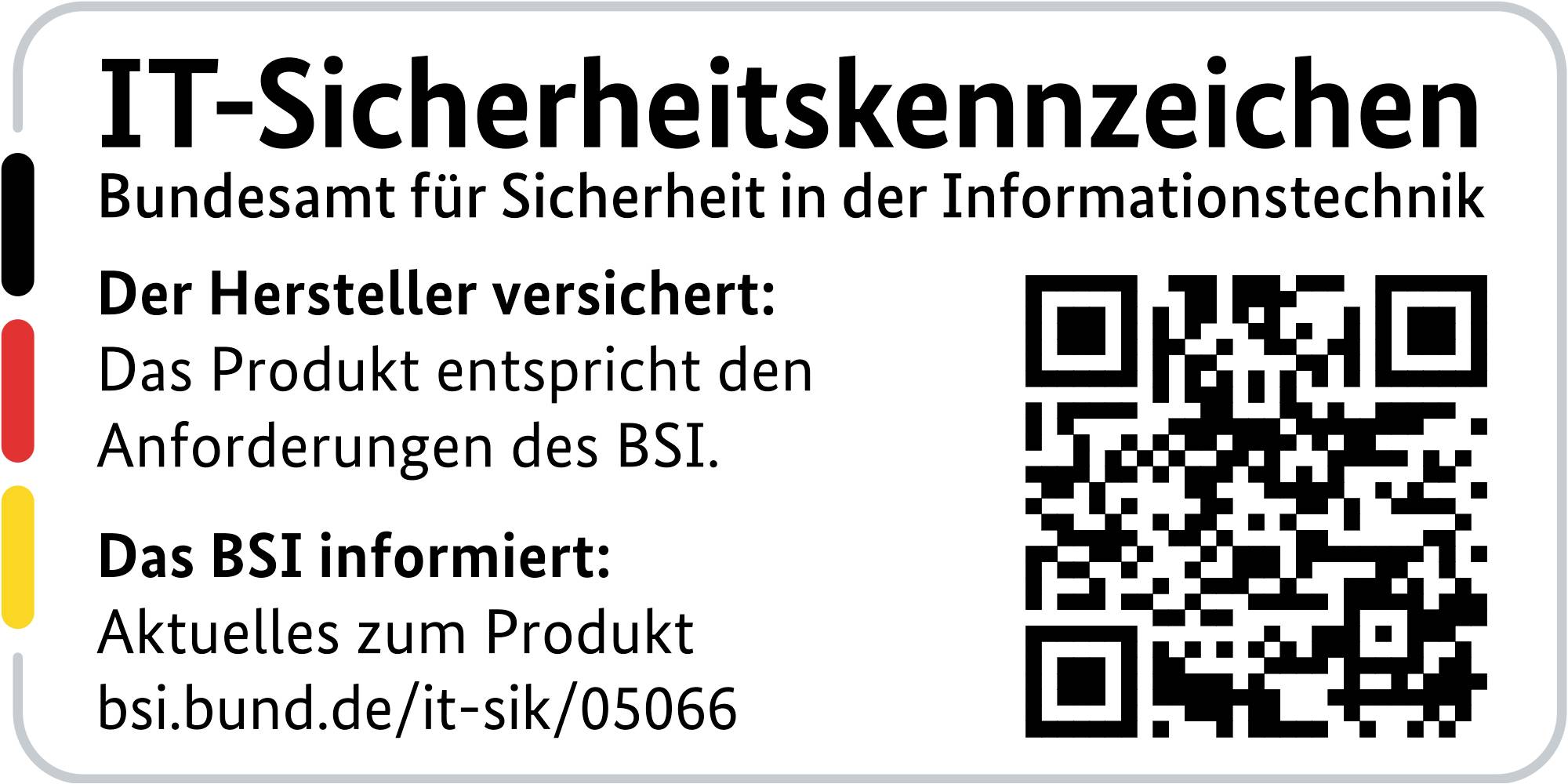 'IT-veiligheidskenmerk' van het Federaal Bureau voor Informatietechnologie Beveiliging. QR-code met link naar productinformatie.