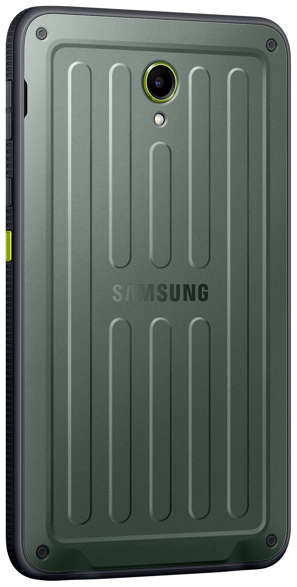 Een robuust groen Samsung-tablet met een gestructureerd achterkantontwerp en afgeronde hoeken, weergegeven in portretmodus.