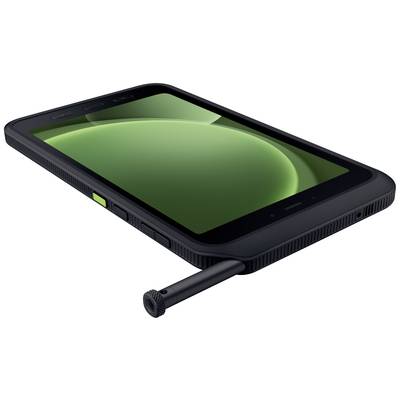 Robuuste smartphone met groene scherm en uittrekbare stylus. Geschikt voor buitenactiviteiten of industriële toepassingen.