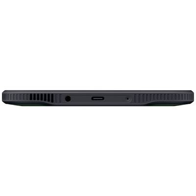 Een zwarte smartphone ligt plat, de onderkant toont een USB-C-aansluiting en een koptelefoonaansluiting.