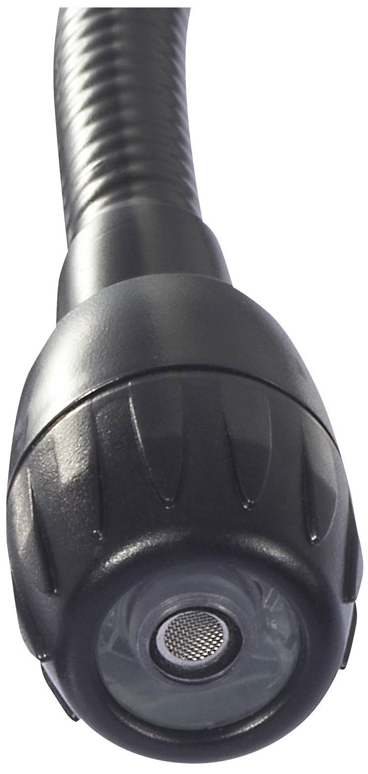 Een zwarte inspectiecamera met een flexibele zwanenhals. De lens is prominent zichtbaar en wordt gebruikt voor het verkennen van nauwe ruimtes.